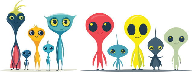 Cute Colorful Alien Family Cartoon Characters Fantasy Illustration Extraterrestrial Visitors SciFi Universe Friendly Martians Space Explorers whimsical creatures Imaginary Beings Kids Design Funny © Hoody Baba