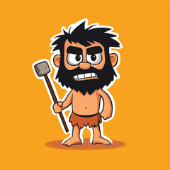 Angry caveman cartoon character holding a club prehistoric man from the Stone Age vector illustration isolated on orange background Neanderthal primitive man mascot logo angry face comic style