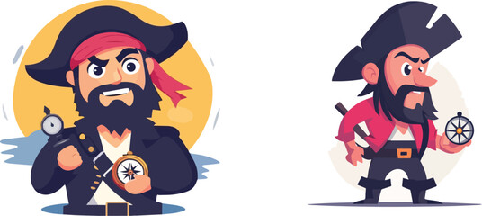 Two Cartoon Pirate Characters Holding Compass and Spyglass Adventure Navigation Treasure Hunt Seafaring Buccaneer Corsair Privateer Swashbuckler Nautical Maritime Ocean Exploration Vector