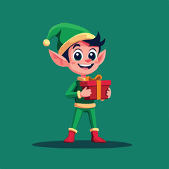 Christmas Elf Holding Gift Box Festive Holiday Character Cartoon Illustration Ideal for Christmas Cards Decorations and Festive Designs Winter Holiday Cheerful Elf Giving Presents Festive Season