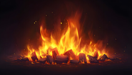 Realistic roaring fire with bright orange and yellow flames, flickering and dancing with glowing embers