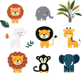Fototapeta premium Cute Safari Animals Lion Elephant Giraffe Monkey Tropical Leaves Childrens Illustration Jungle Wildlife Cartoon Characters Kids Design Adorable Animal Set Vector Graphics for Nursery Decor Baby