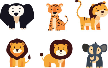 Cute Wild Animals Set Jungle Safari Zoo Lion Tiger Elephant Childish Cartoon Style Isolated White Background Baby Shower Invitation Birthday Party Decoration Print Nursery Room Poster Greeting Card