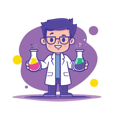 Cute cartoon scientist boy wearing glasses and lab coat holding colorful chemical beakers experiment research science lab laboratory kids education stem learning back to school chemistry biology