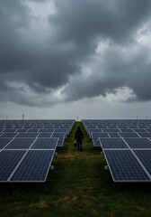 Photo Wide Solar Panel Field Man Walking Under Dramatic Sky