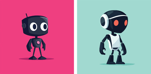 Two Cartoon Robots Artificial Intelligence Robotics Futuristic Technology Innovation Automation Digital Era Modern Concept Isolated Characters Vector Illustration