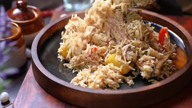 Chicken dum biryani Maharaja pulao style with tender potatoes and fresh coriander &mdash; aromatic, flavorful, traditional Indian rice dish, perfect for festive meals, lunch, dinner, and special occasions.