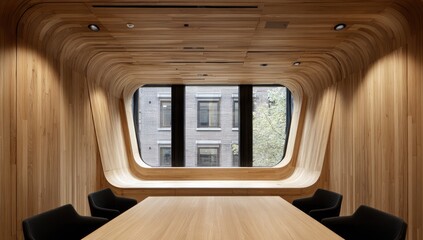 Modern meeting room with curved wood paneling
