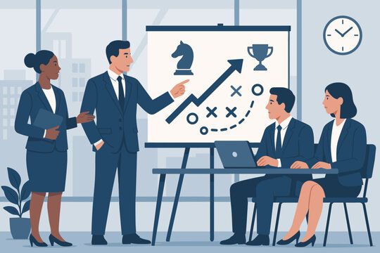 Corporate leadership strategy meeting. Business team discussing tactics, growth plan with manager. Chess knight, trophy, arrow up symbols on whiteboard. Office presentation. Teamwork.