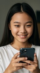 Portrait Of Asian Girl Smiling And Using Phone Happy Communication