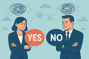 Yes versus No. Business negotiation deadlock concept. Man and woman in conflict, communication breakdown. Argument, disagreement, impasse, frustration, different opinions, corporate dispute.