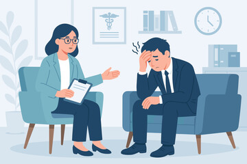 Fototapeta premium Therapist supports stressed businessman. Mental health counseling session. Psychologist providing therapy to man suffering from anxiety, depression, burnout. Professional help concept. Office.