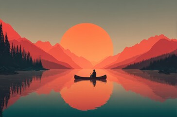 Serene sunset over calm lake with silhouette of canoeist enjoying tranquil waters and majestic mountains in the background, creating a peaceful nature scene