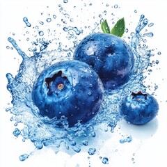 Fresh blueberries splashing in water with droplets and leaves vibrant blue fruit close-up in motion shot bright background fresh healthy produce
