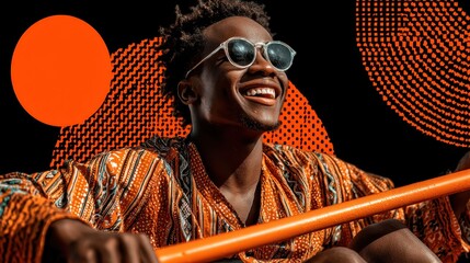 Joyful Young Man with Stylish Sunglasses and Colorful Traditional Attire Sitting Against a Bold Abstract Background
