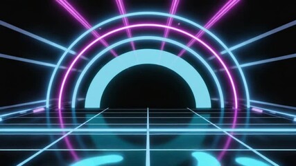 Looping retro abstract dancefloor semi-circles, dots spirals bouncing sync imaginary beat. Grid floor blue pink highlights. zigzag lights. Playful rhythmic. Seamless loop. 90s neon club aesthetic - Powered by Adobe