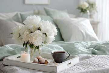 Cozy and modern bedroom styled in fresh summer colors. The bed is layered with pastel green and muted gray linen sheets and pillows. On top, a white wooden tray displays a steaming mug of black tea.