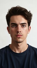 Obraz premium Portrait Of Young Man With Focused Gaze Wearing A Dark Blue Shirt
