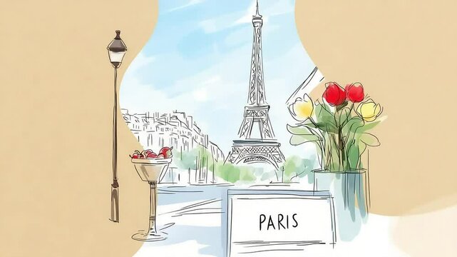 Romantic paris view with eiffel tower and tulips