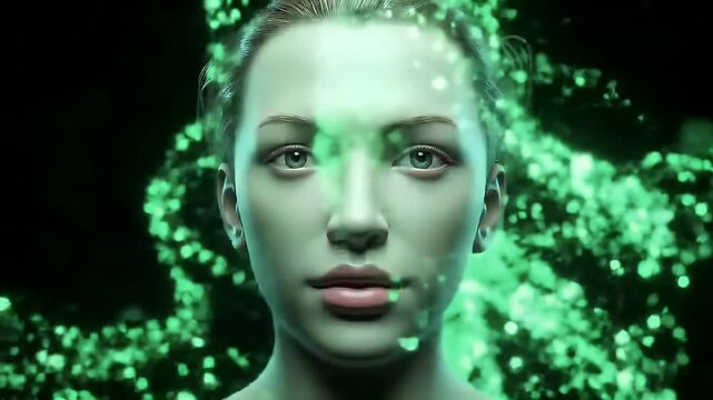 Woman's face with glowing green particles