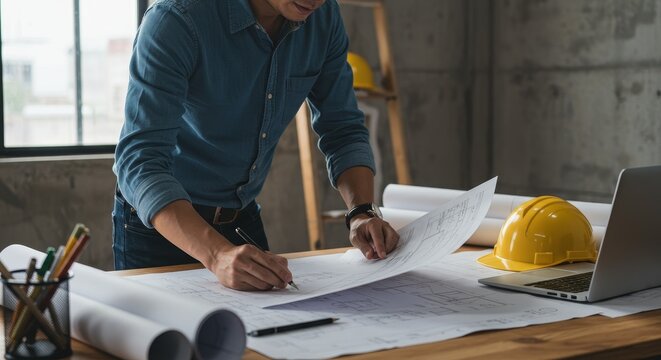 Professional Photo Engineer Reviews Construction Blueprint on Office Table