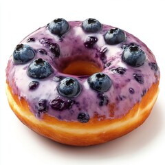Delicious blueberry glazed doughnut with fresh blueberries on top, high-quality close-up of sweet, fluffy, and colorful baked pastry dessert, white background
