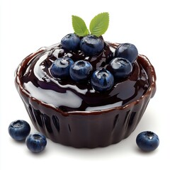 Delicious decadent chocolate tart with fresh blueberries and mint leaves on a white background perfect for dessert, sweet treat, or bakery concept