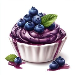 Delicious blueberry dessert with creamy purple sauce topped with fresh blueberries and green mint leaves in a white bowl on a white background
