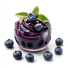 Fresh blueberry jam in a glass jar garnished with mint leaves and blueberries, with scattered berries around, vibrant purple color, high resolution