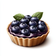 Beautiful fresh blueberry tart with creamy filling and vibrant green leaves on a white background, detailed close-up of a delicious fruit dessert