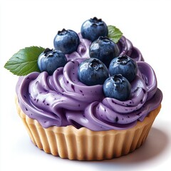 Fresh blueberry tart with a golden crust topped with purple frosting and ripe blueberries, garnished with green leaves, on a white background