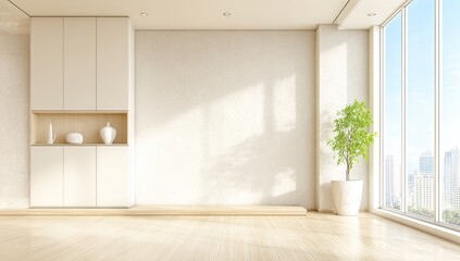 Fototapeta premium Minimalist interior room with large windows. Bright, modern space, light beige walls, light wood floors, and white cabinetry. Small plant in a pot in corner. Empty room, perfect for showcasing