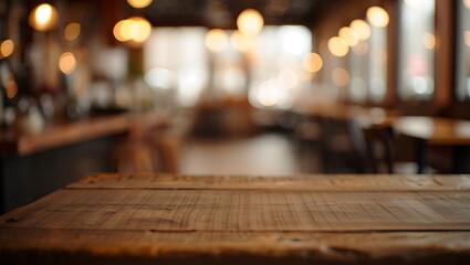 Rustic wooden table in blurred cafe background
