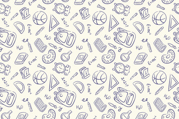 Fototapeta premium Back to school doodle style seamless pattern. Hand drawn stationary illustration design on a beige background for package, background.