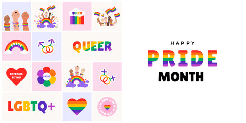 LGBTQ greeting banner, card, poster, cover with Vibrant Rainbow Designs. Vector Template for Pride Month
