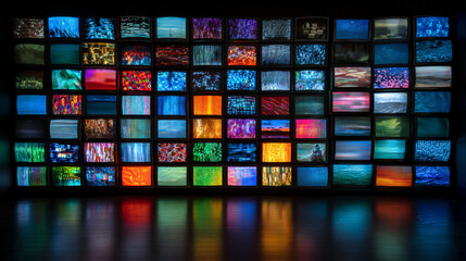 A dynamic wall covered in colorful screens and monitors, each displaying unique content and visuals. Generative AI