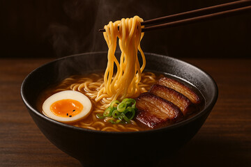Ramen with Broth, Egg, and Vegetables in Bowl