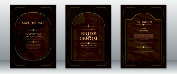 Dark Brown Wedding Invitation Set with Gold Arch Frames and Elegant Layout