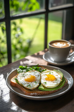 Toast, avocado and fried eggs on a plate with a cup of coffee.