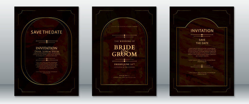 Dark Brown Wedding Invitation Set with Gold Arch Frames and Elegant Layout