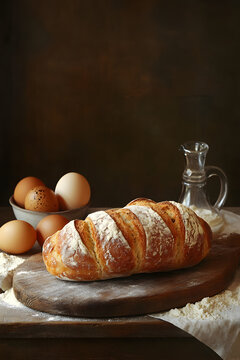 Loaf of bread and wheat with baked buns