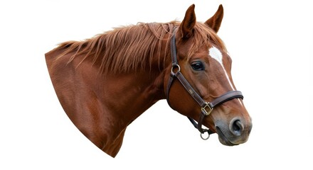Obraz premium Portrait of a Brown Horse Head with White Markings Isolated on White