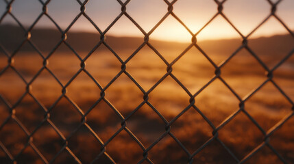 Fototapeta premium Close up view of chain link fence with sunset background, casting warm orange and yellow hues over open field, creating