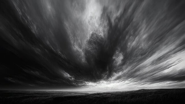 A monochrome tableau of impending twilight, with dramatic clouds stretching ominously across a stark landscape, evoking solitude