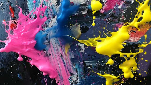 Abstract painting with vibrant colors including blue, pink, yellow, and red. The texture is thick and layered, creating a dynamic visual effect. Generative 4k video.
