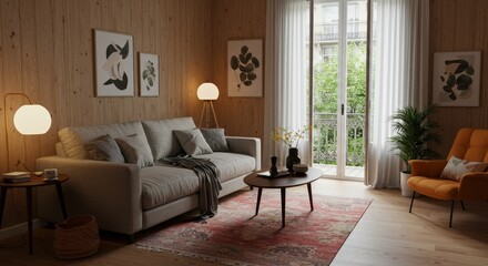 Fototapeta premium Realistic Image of Neutral Interior Home Living Room with Modern Design