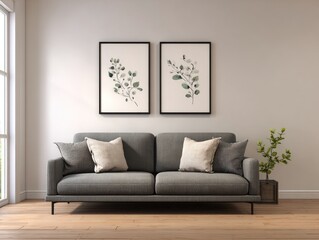 Modern living room with framed artwork and a sofa.  Light and airy interior