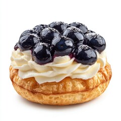 Fresh blueberry pastry with cream cheese filling topped with ripe blueberries on crispy flaky pastry crust isolated on white background