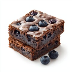 Rich decadent layered chocolate brownie cake with blueberries on top and fresh blueberries on white background perfect for dessert lovers