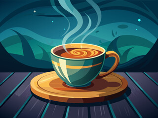 vector of Cup of steaming coffee on dark wooden table, moody background. Suitable for cafe menu...